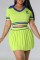 Fluorescent Green Casual Letter Patchwork Turndown Collar Short Sleeve Two Pieces