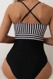Black Sexy Striped Print Patchwork Flounce Swimwears