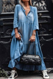 Baby Blue Fashion Street Solid Patchwork V Neck A Line Dresses