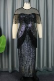 Black Sexy Formal Patchwork Tassel Sequins See-through O Neck Evening Dress Dresses