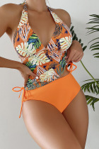 Orange Sexy Print Patchwork Swimwears