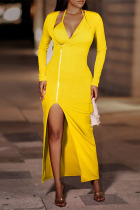 Yellow Sexy Daily Elegant Solid Zipper U Neck Irregular Dress Dresses