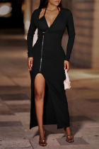 Black Sexy Daily Elegant Solid Zipper U Neck Irregular Dress Dresses