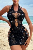 Black Sexy Solid Hollowed Out See-through Hot Drill Swimwears Cover Up