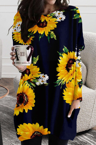 Black Casual Street Print Patchwork O Neck Straight Dresses