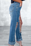 Light Blue Street Solid Ripped Chains Loose Denim Jeans