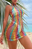 Colour Crochet Sleeveless Hollowed Out See-Through Vacation Beach Bodycon Swimwears Cover Up