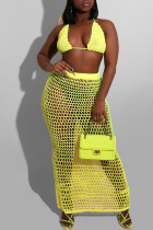 Yellow Sexy Solid Hollowed Out Patchwork Halter Sleeveless Two Pieces