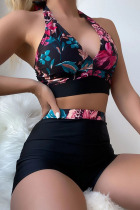Red Sexy Print Patchwork Backless Swimwears
