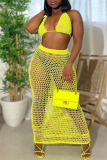 Yellow Sexy Solid Hollowed Out Patchwork Halter Sleeveless Two Pieces