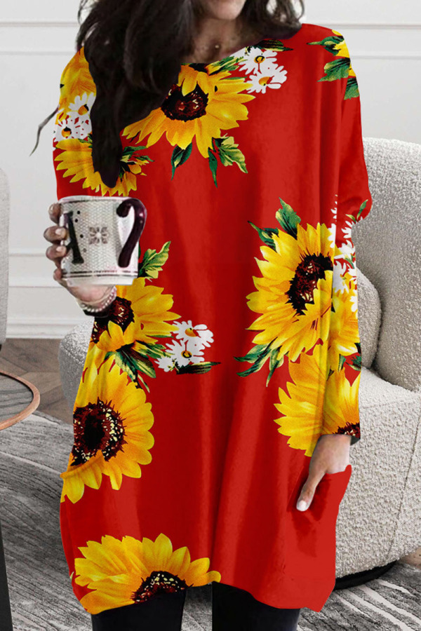Red Casual Street Print Patchwork O Neck Straight Dresses