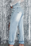 Deep Blue Street Solid Ripped Chains Loose Denim Jeans