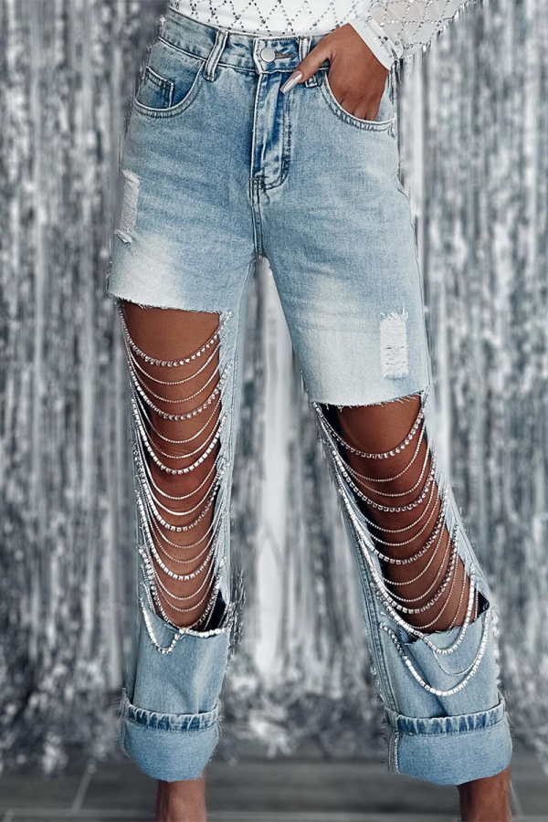 Light Blue Street Solid Ripped Chains Loose Denim Jeans