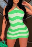 Green Sexy Patchwork Bandage Backless Contrast Halter Sleeveless Dress Dresses