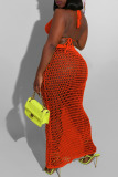 Tangerine Red Sexy Solid Hollowed Out Patchwork Halter Sleeveless Two Pieces