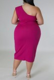 Rose Red Casual Solid Backless Slit Oblique Collar Sleeveless Dress Plus Size Dresses