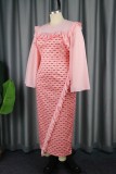 Pink Casual Print Patchwork O Neck One Step Skirt Dresses