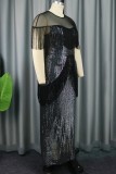 Black Sexy Formal Patchwork Tassel Sequins See-through O Neck Evening Dress Dresses