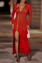 Red Sexy Daily Elegant Solid Zipper U Neck Irregular Dress Dresses