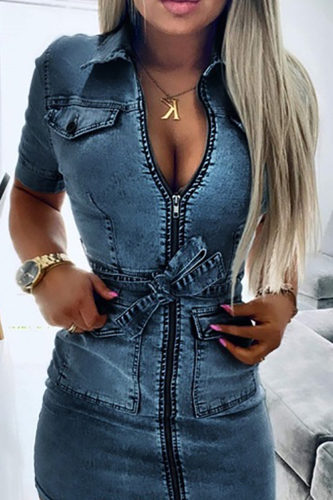 Blue Sexy Solid Patchwork Turndown Collar Short Sleeve Skinny Denim Dresses