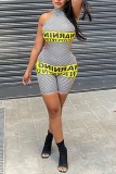Black Sexy Casual Letter Print Patchwork Backless Halter Skinny Romper