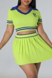 Fluorescent Green Casual Letter Patchwork Turndown Collar Short Sleeve Two Pieces