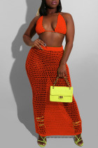 Tangerine Red Sexy Solid Hollowed Out Patchwork Halter Sleeveless Two Pieces