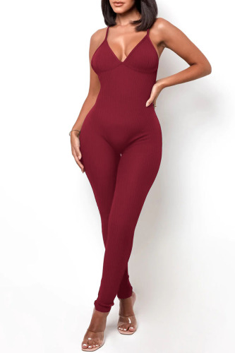 Burgundy Sportswear Solid Patchwork Backless Spaghetti Strap Skinny Jumpsuits
