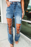 Deep Blue Street Solid Ripped Chains Loose Denim Jeans