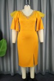 Yellow Casual Solid Patchwork Slit Beading V Neck One Step Skirt Dresses