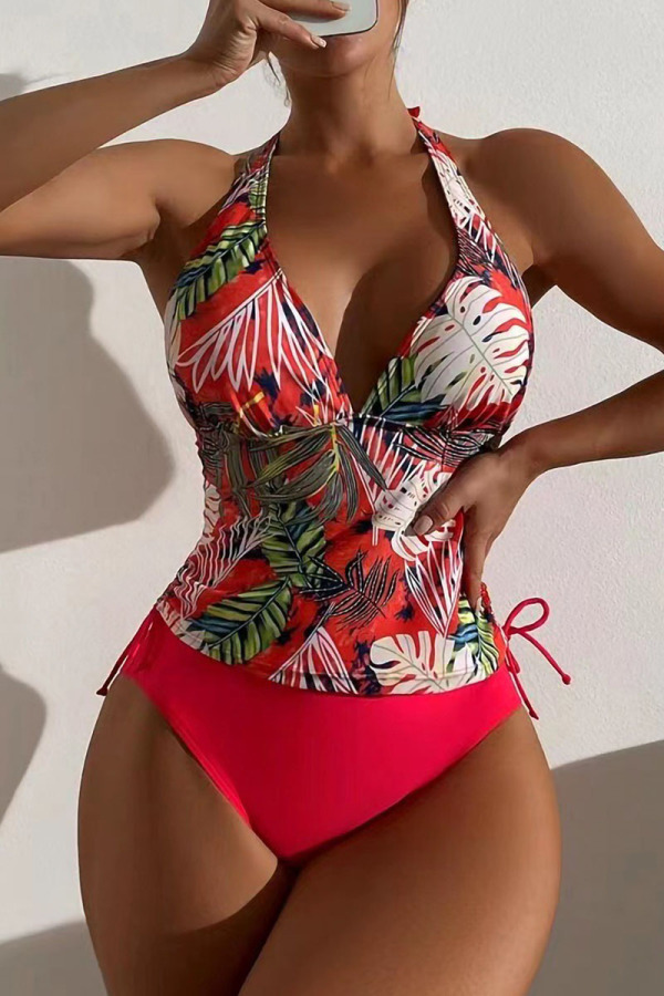 Red Sexy Print Patchwork Swimwears