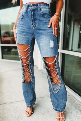 Deep Blue Street Solid Ripped Chains Loose Denim Jeans