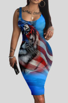 Blue Red Sexy Print Patchwork U Neck Pencil Skirt Dresses