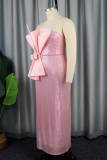 Pink Sexy Formal Patchwork Sequins Backless Strapless Evening Dress Dresses