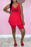 Red Sexy Casual Letter Print Basic V Neck Sleeveless Two Pieces