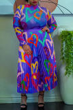 Purple Casual Print Patchwork Fold Without Belt O Neck Long Sleeve Two Pieces(Without Belt)