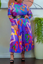 Purple Casual Print Patchwork Fold Without Belt O Neck Long Sleeve Two Pieces(Without Belt)