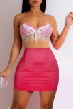 Rose Red Sexy Patchwork Backless Strapless Wrapped Skirt Dresses