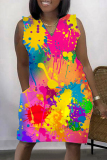 Multicolor Casual Print Patchwork V Neck Sleeveless Dress Dresses
