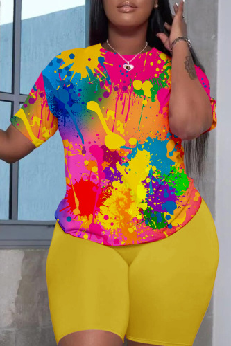Multicolor Casual Print Basic O Neck Short Sleeve Two Pieces