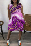 Purple Casual Print Patchwork V Neck Sleeveless Dress Dresses