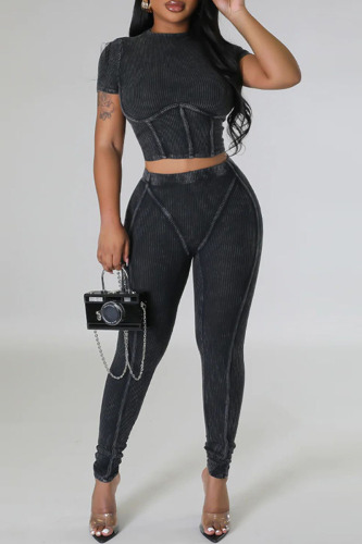 Black Sportswear Solid Patchwork O Neck Short Sleeve Two Pieces