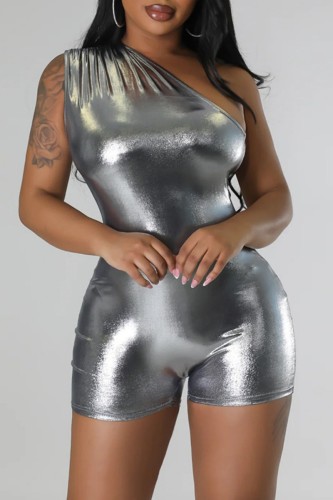 Silver Sexy Casual Solid Backless Oblique Collar Skinny Romper