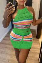 Green Sexy Bandage Hollowed Out Patchwork Halter Sleeveless Two Pieces