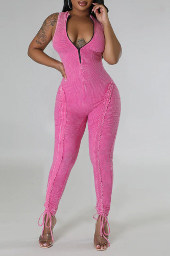Pink Casual Solid Patchwork Stringy Selvedge Zipper Collar Skinny Jumpsuits