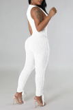 White Casual Solid Patchwork Stringy Selvedge Zipper Collar Skinny Jumpsuits
