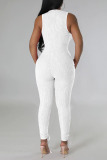 White Casual Solid Patchwork Stringy Selvedge Zipper Collar Skinny Jumpsuits