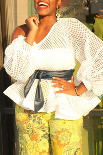 White Casual Solid Hollowed Out See-through Oblique Collar Tops