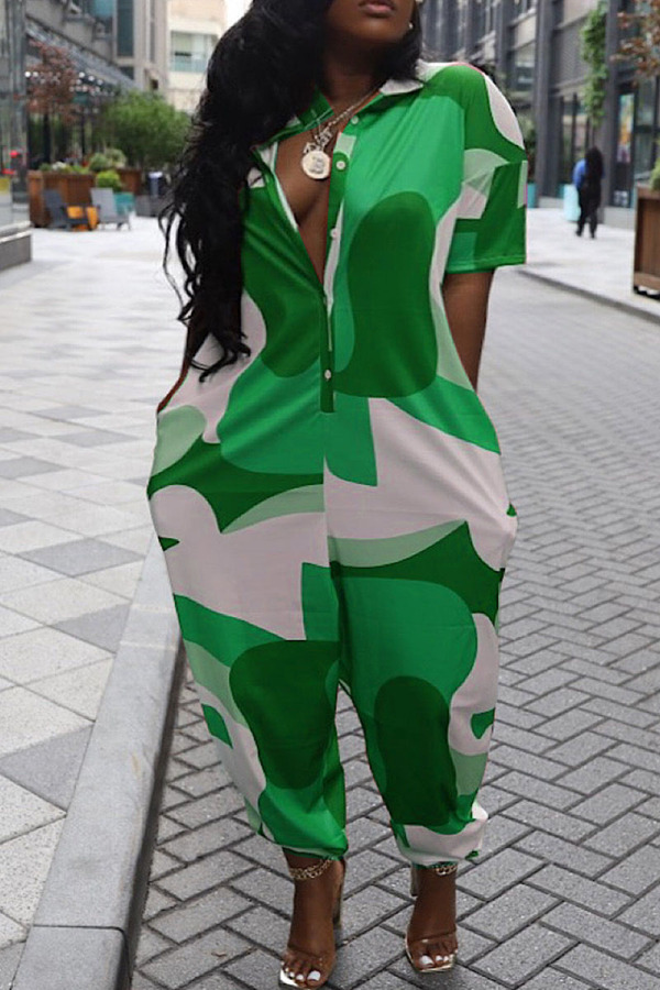 Green Casual Street Print Patchwork Zipper Collar Loose Jumpsuits
