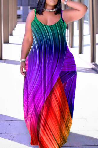 Dark Purple Sexy Casual Print Backless Spaghetti Strap Long Dress Dresses